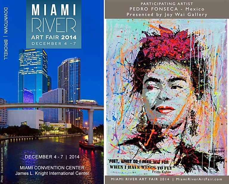 Miami River Art Fair 2014 poster showing a city skyline with a river and monorail, alongside a colorful artwork of Frida Kahlo by artist Pedro Fonseca.