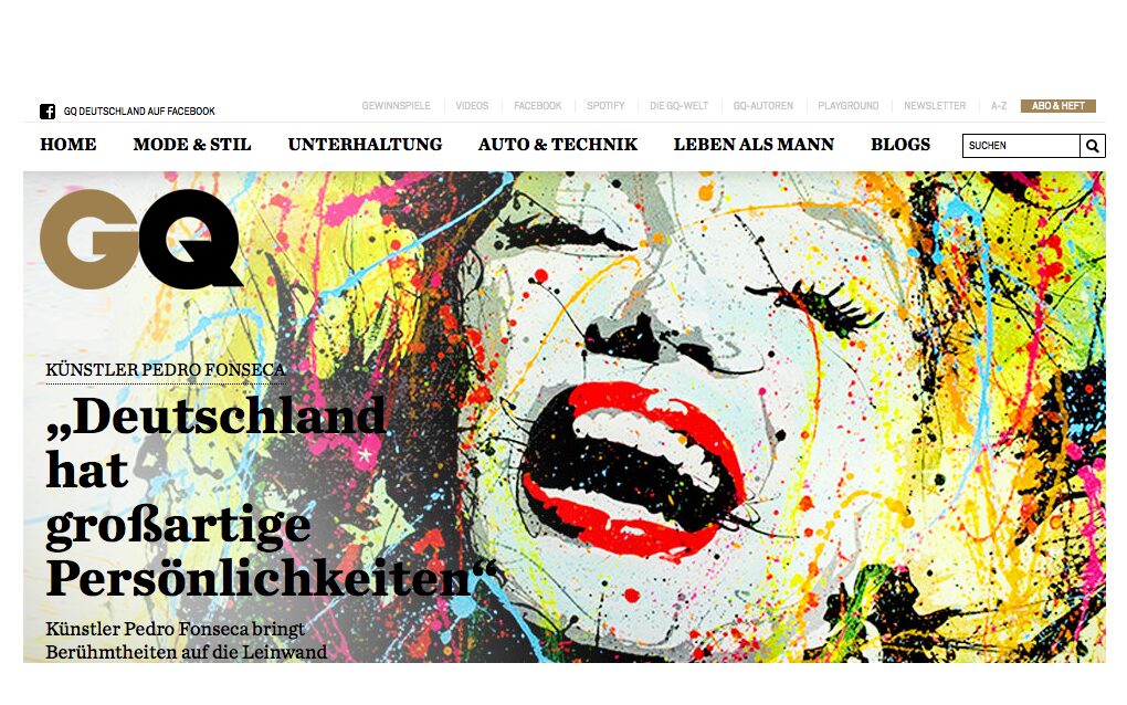 A GQ Germany feature showcasing colorful pop art of a woman's face with bold splashes of paint, alongside the headline praising artist Pedro Fonseca.